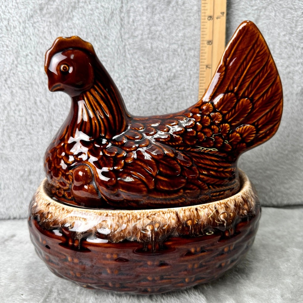 Vintage Hull Pottery Brown Drip Hen on Nest Covered Casserole Dish USA - Picture 6 of 16